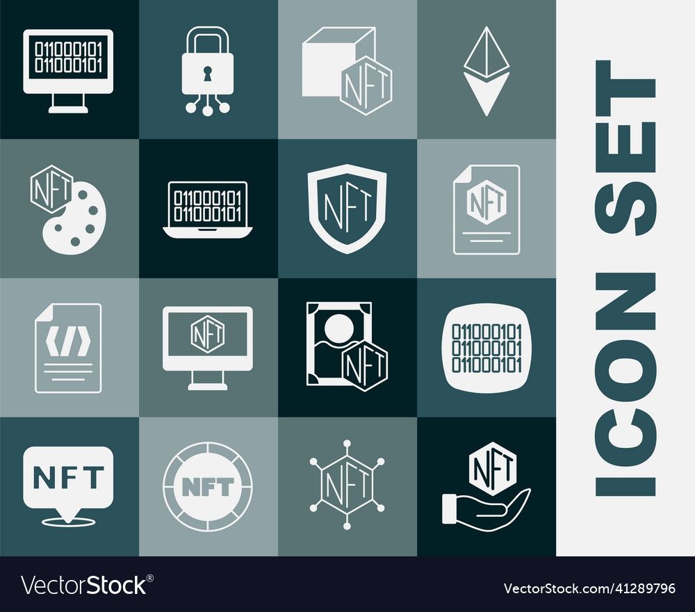 Set nft digital crypto art binary code contract vector image Set nft digital crypto art binary code contract