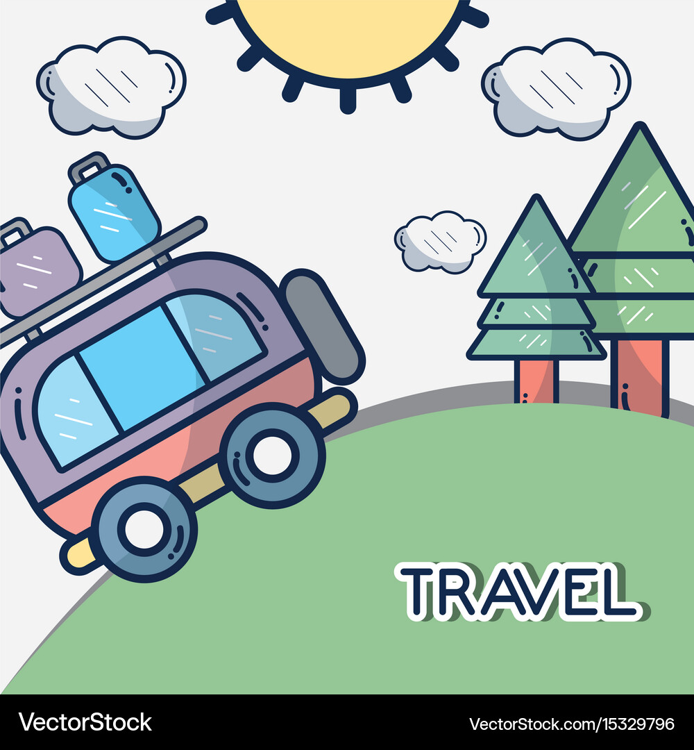 Van with trees and sun clouds Royalty Free Vector Image
