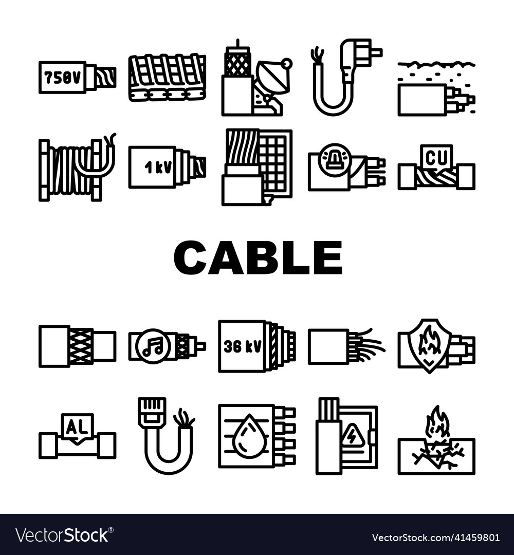 Cable wire electrical system icons set Royalty Free Vector