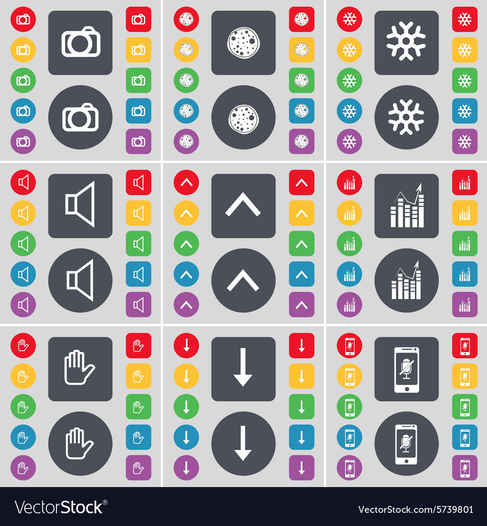 Camera pizza snowflake sound arrow up graph hand