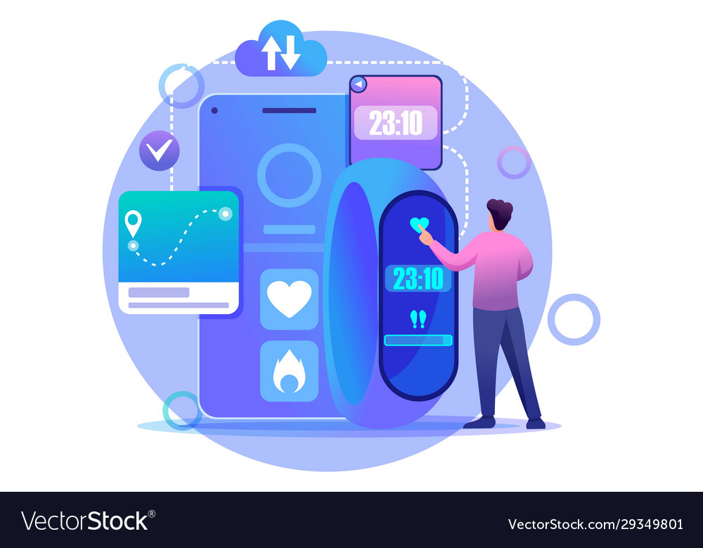 Man adjusts smart watch program flat 2d character