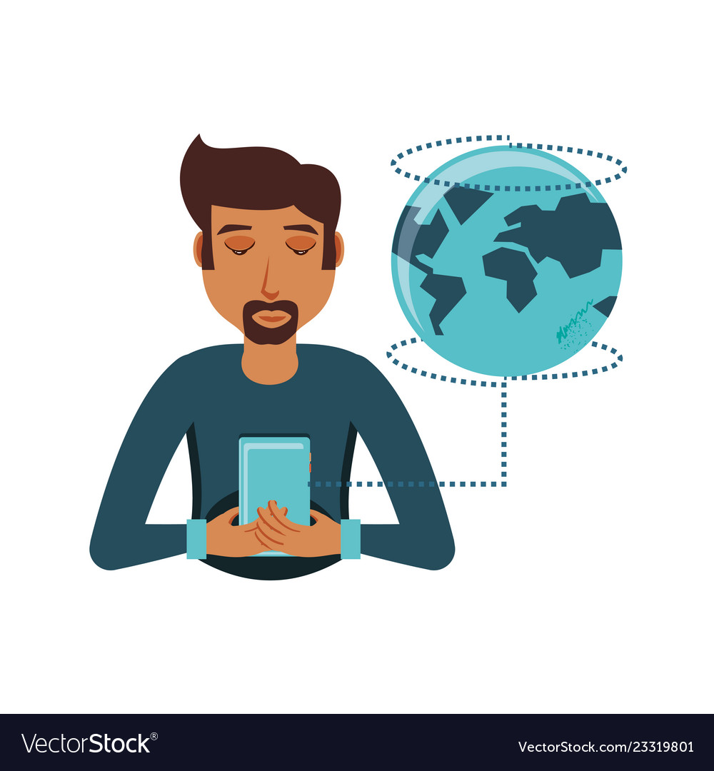 Man with smartphone device and planet earth