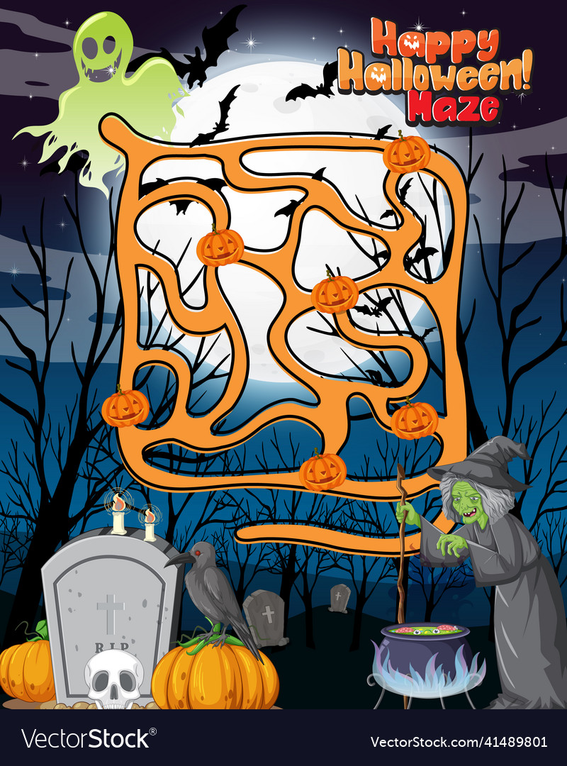 Maze game template in halloween theme Royalty Free Vector