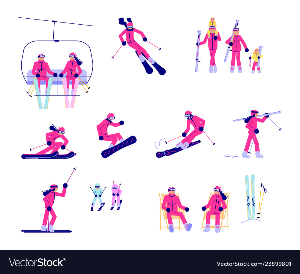 Set of skiers and snowboarder