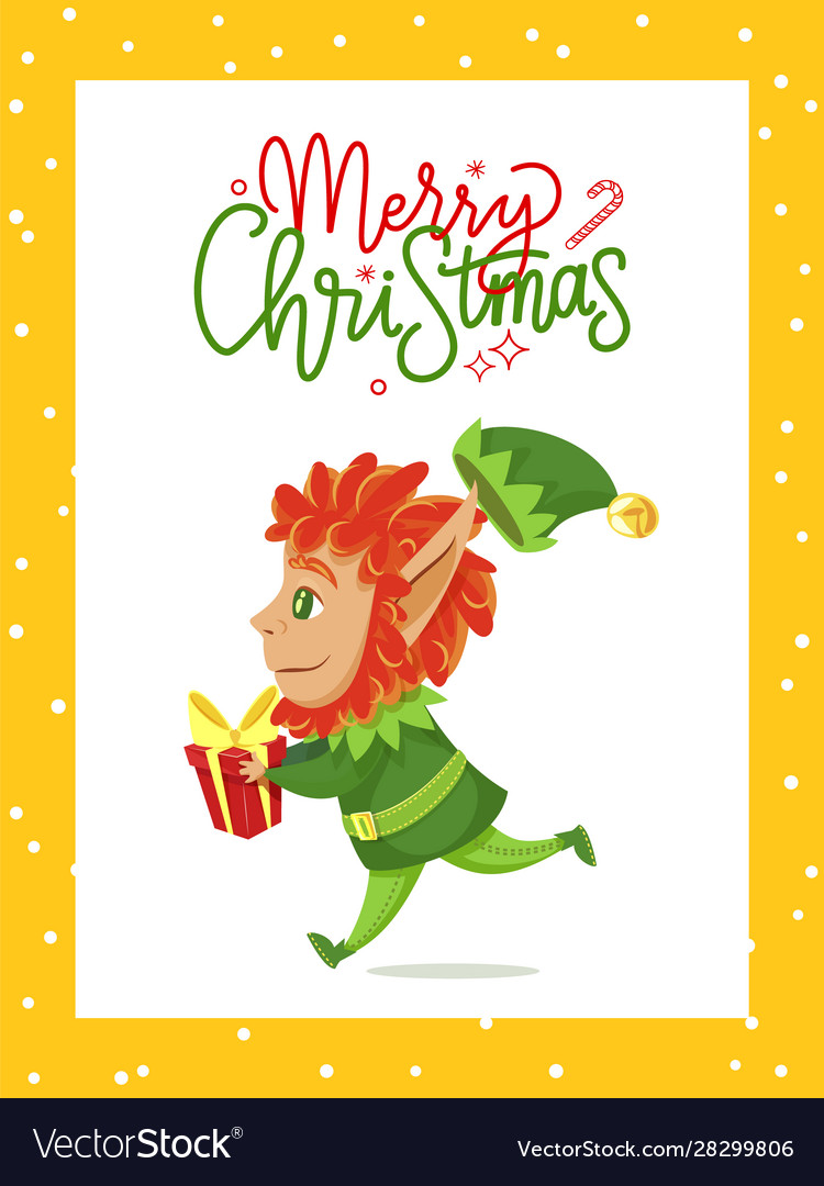 Merry christmas greeting card elf carry box Vector Image