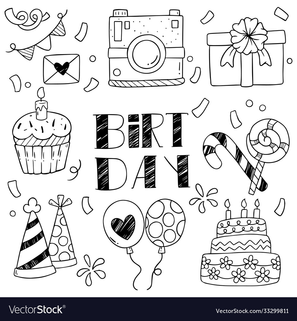 06-19-001 hand drawn party doodle happy birthday Vector Image