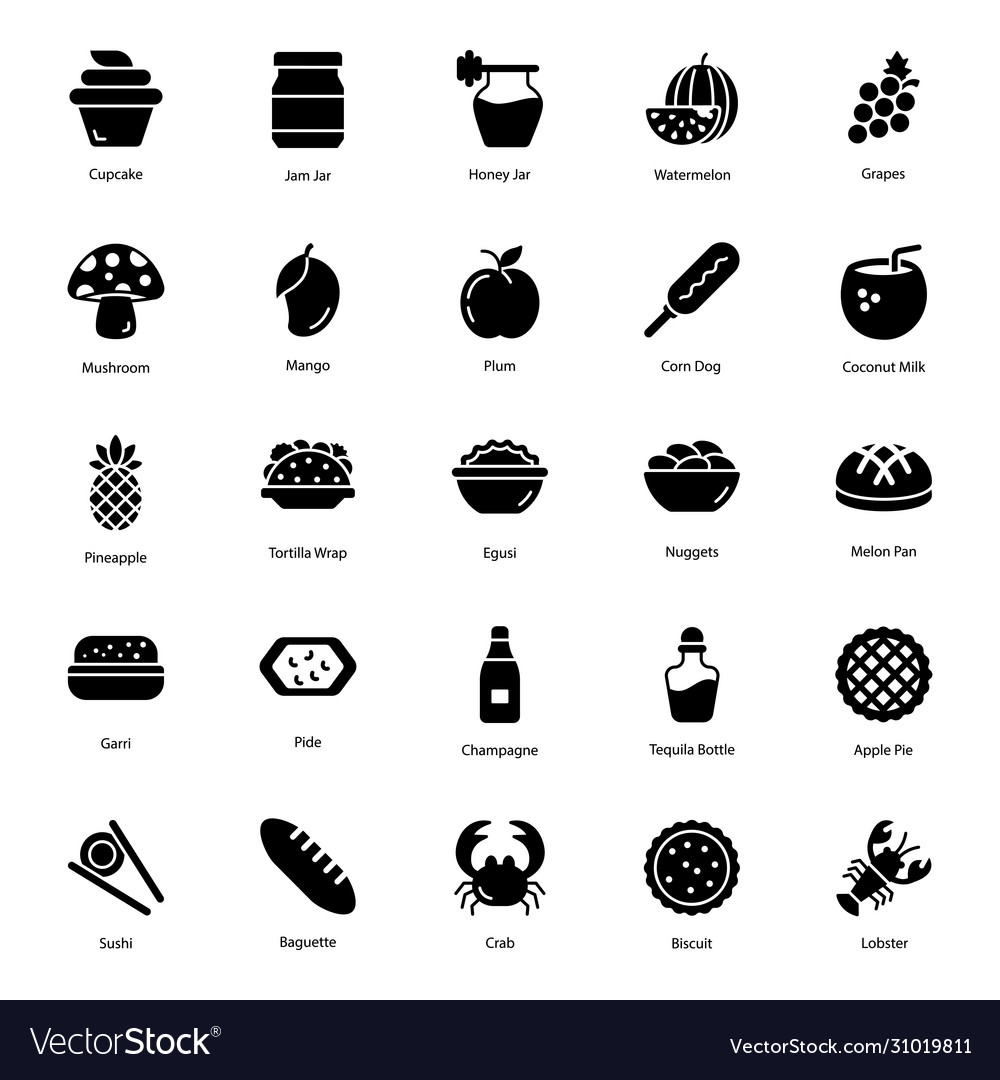 Nutritious food and drinks glyph icons pack Vector Image