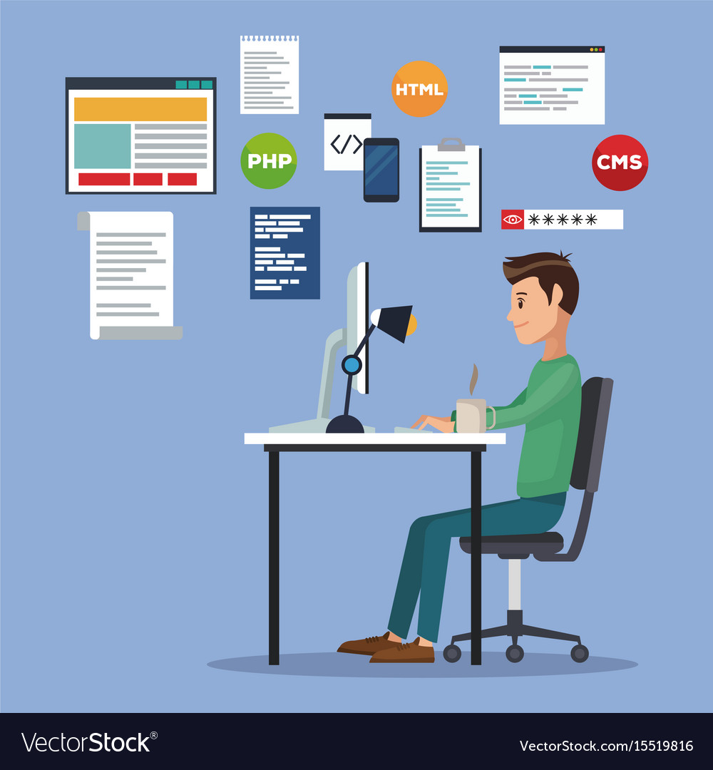Color scene background with web developer man