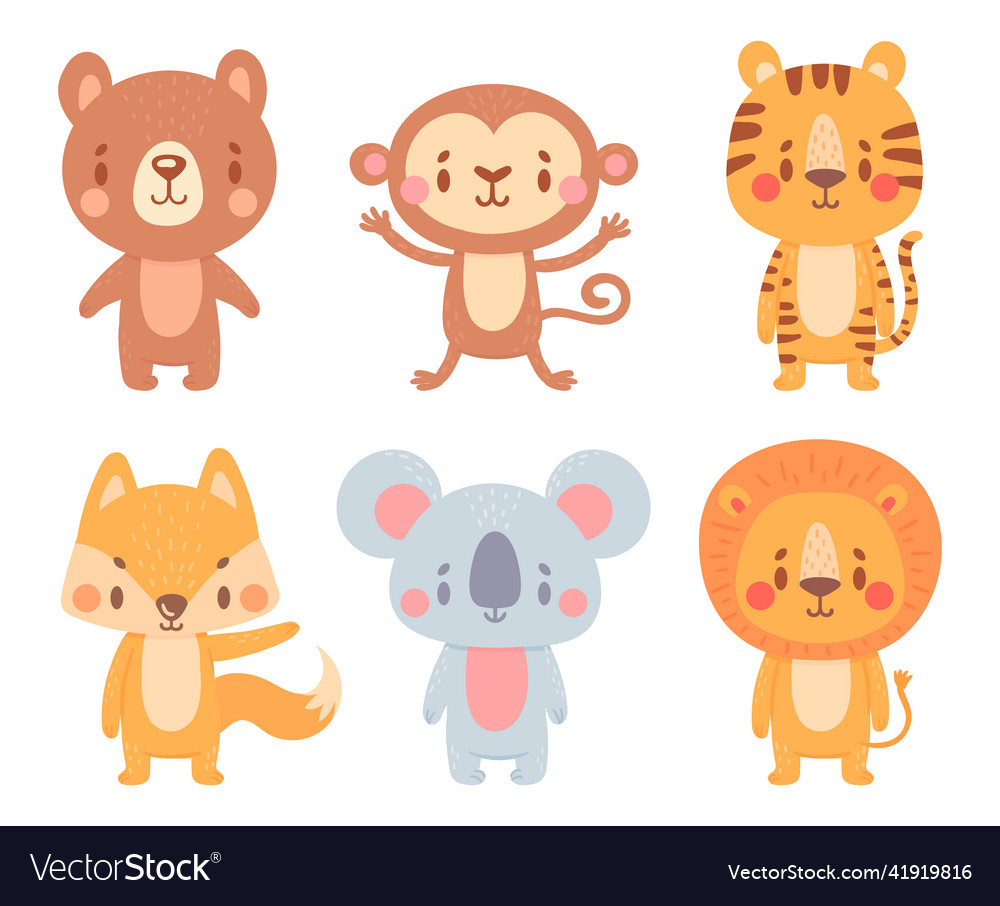 Cute cartoon animals wild adorable characters Vector Image