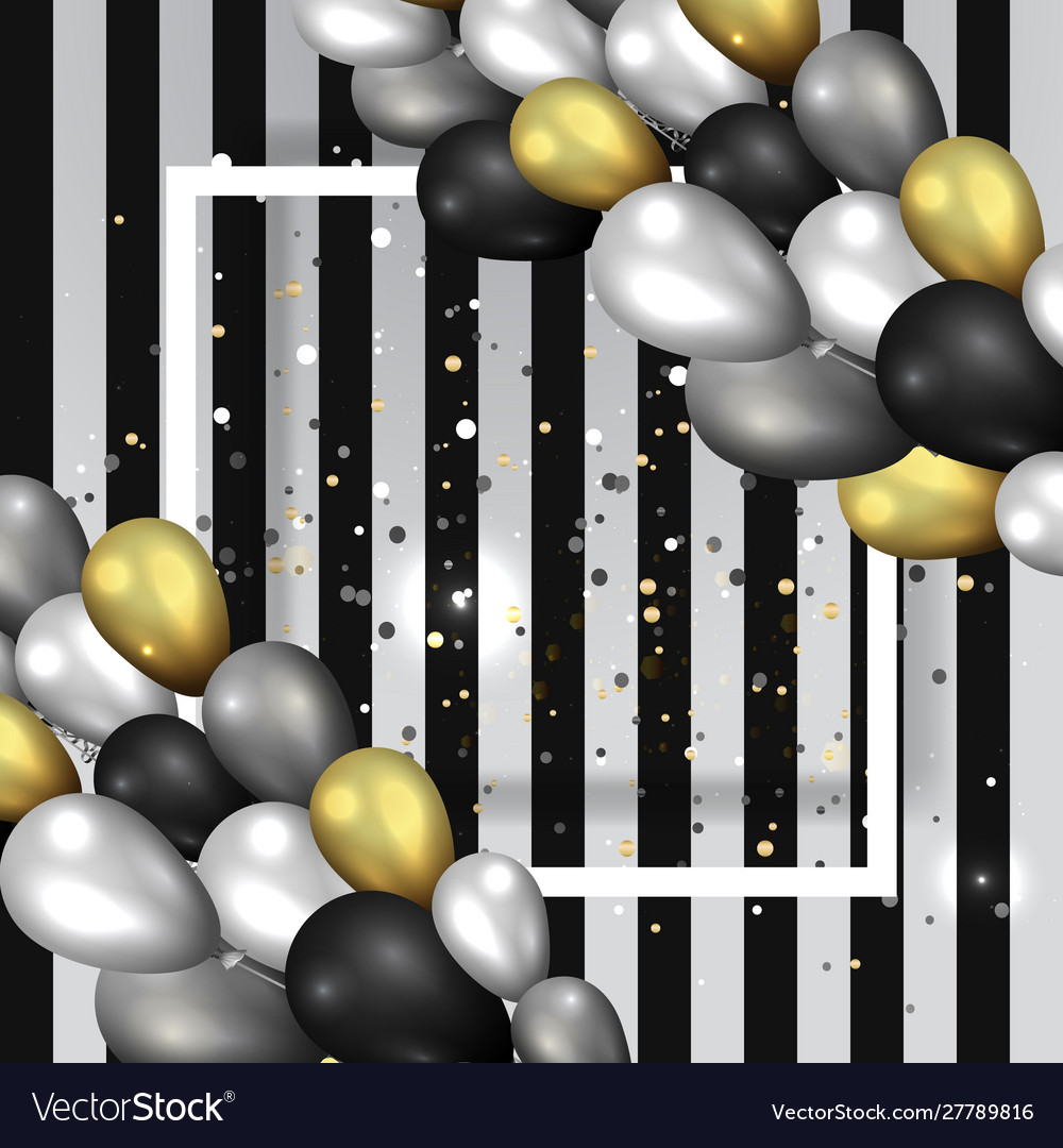 Golden black and silver balloons with white frame vector image Golden black and silver balloons with white frame
