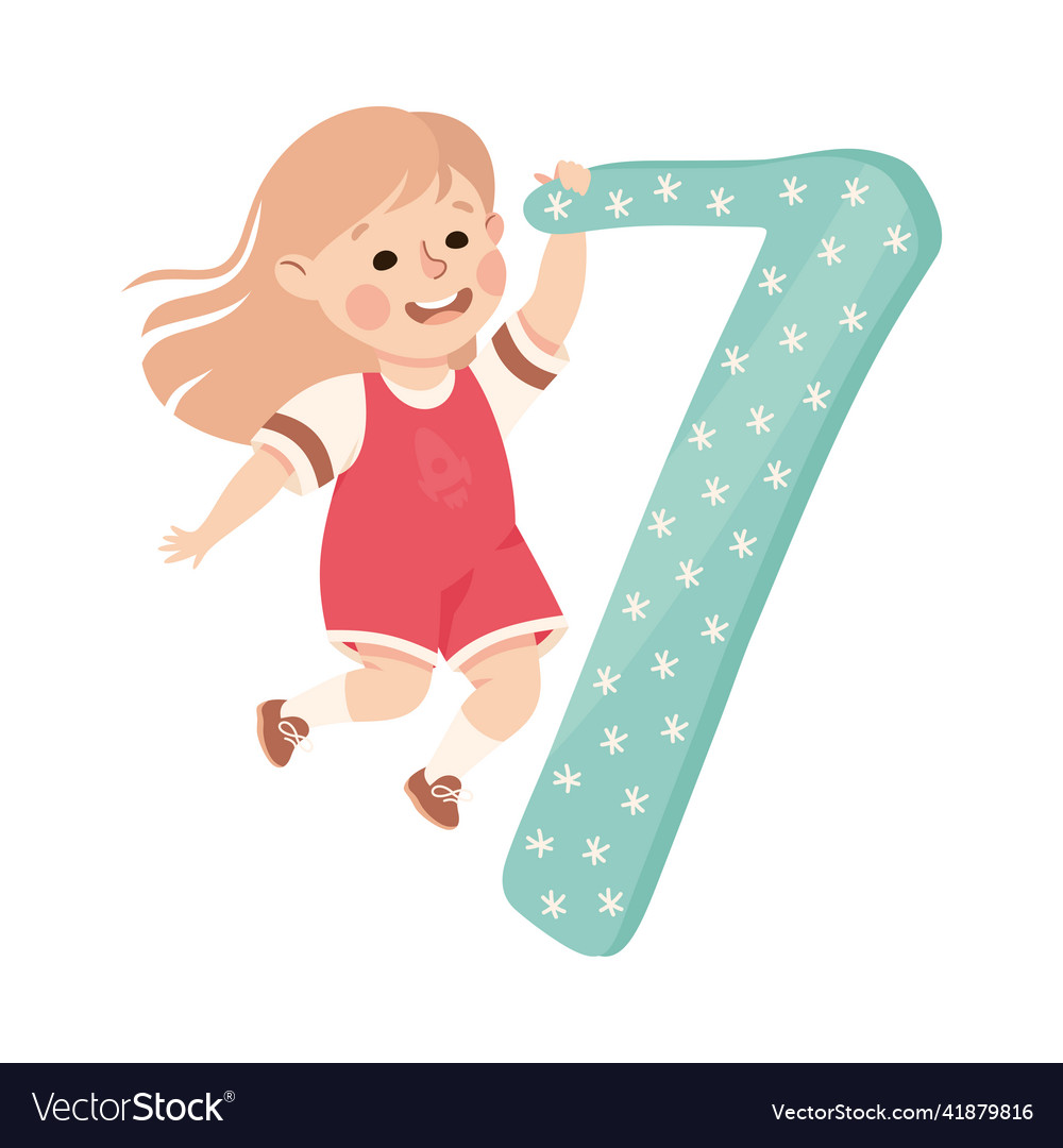 Little girl with huge number seven or numeral Vector Image