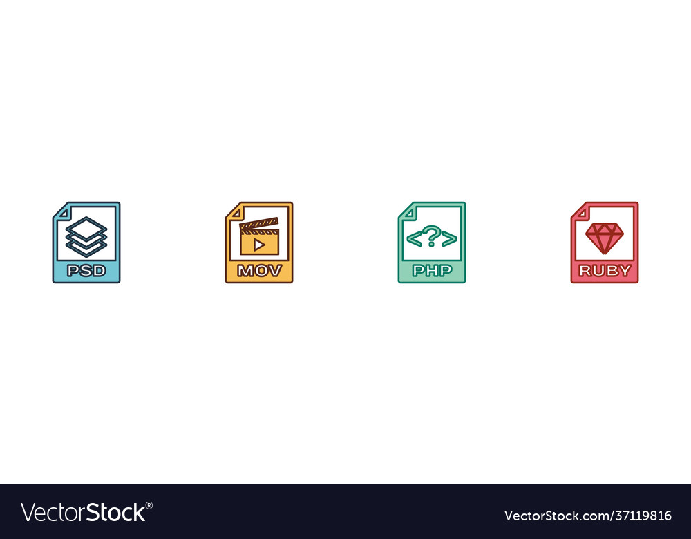 Set psd file document mov php and ruby icon vector image Set psd file document mov php and ruby icon