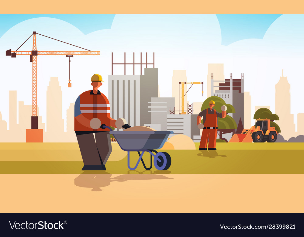 Builder pushing wheelbarrow with sand busy workman