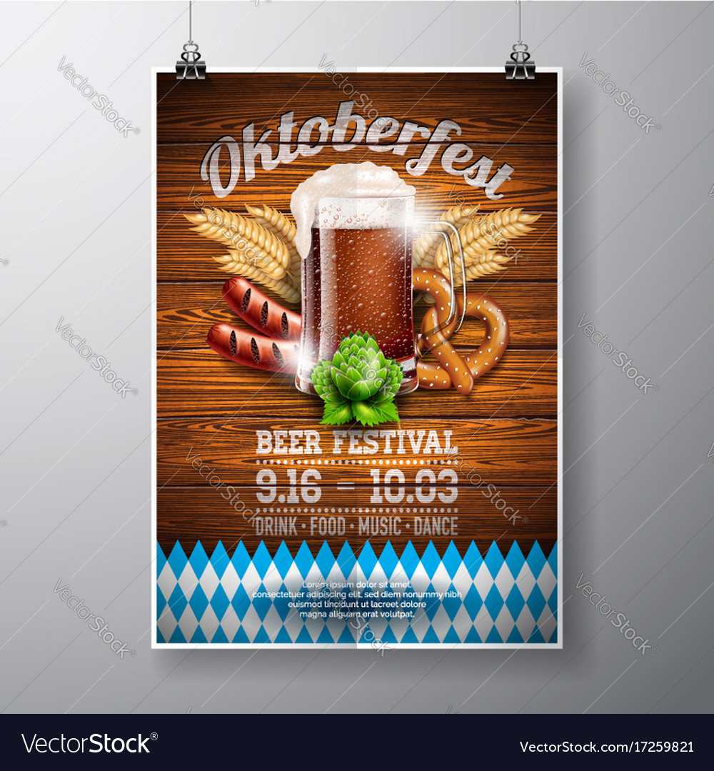 Oktoberfest poster with fresh dark beer on wood