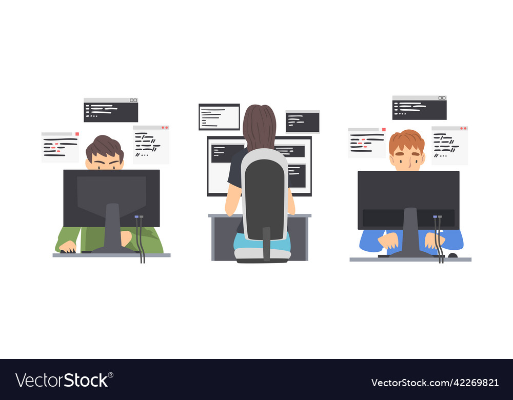 Programmers working on computers set software