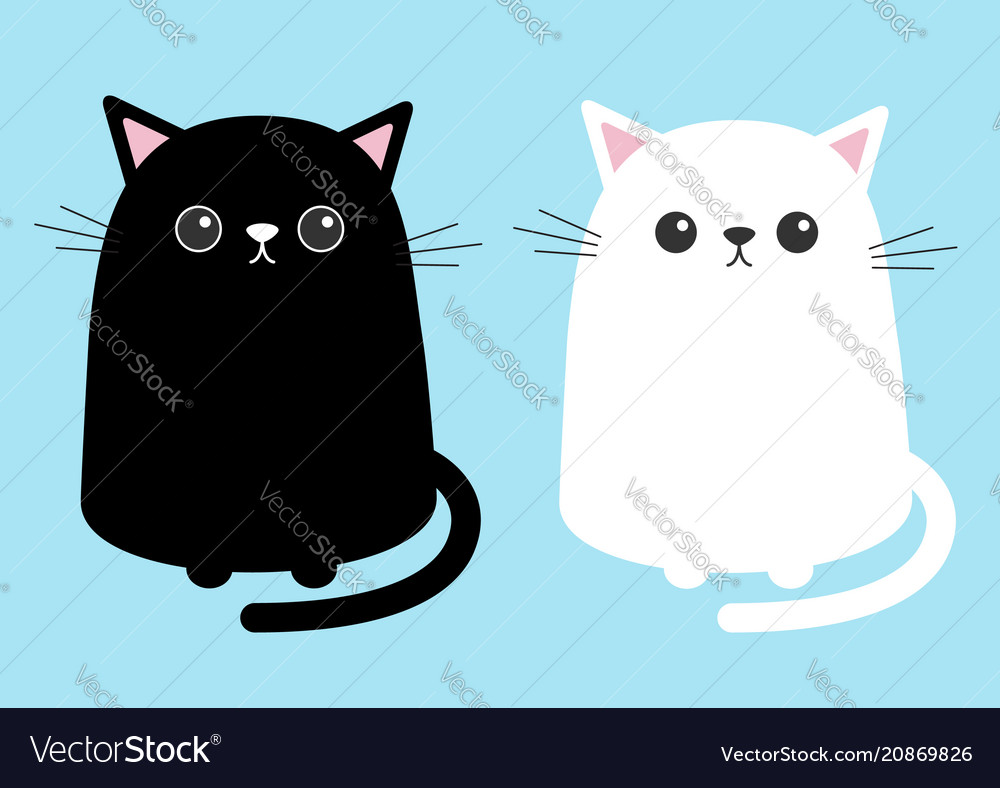 Black White Cute Cat Sitting Kitten Set Cartoon