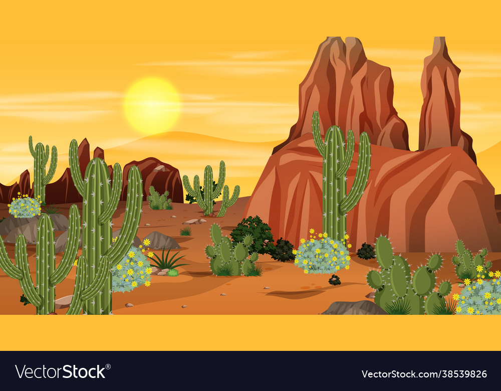 Desert forest landscape scene at sunset time Vector Image