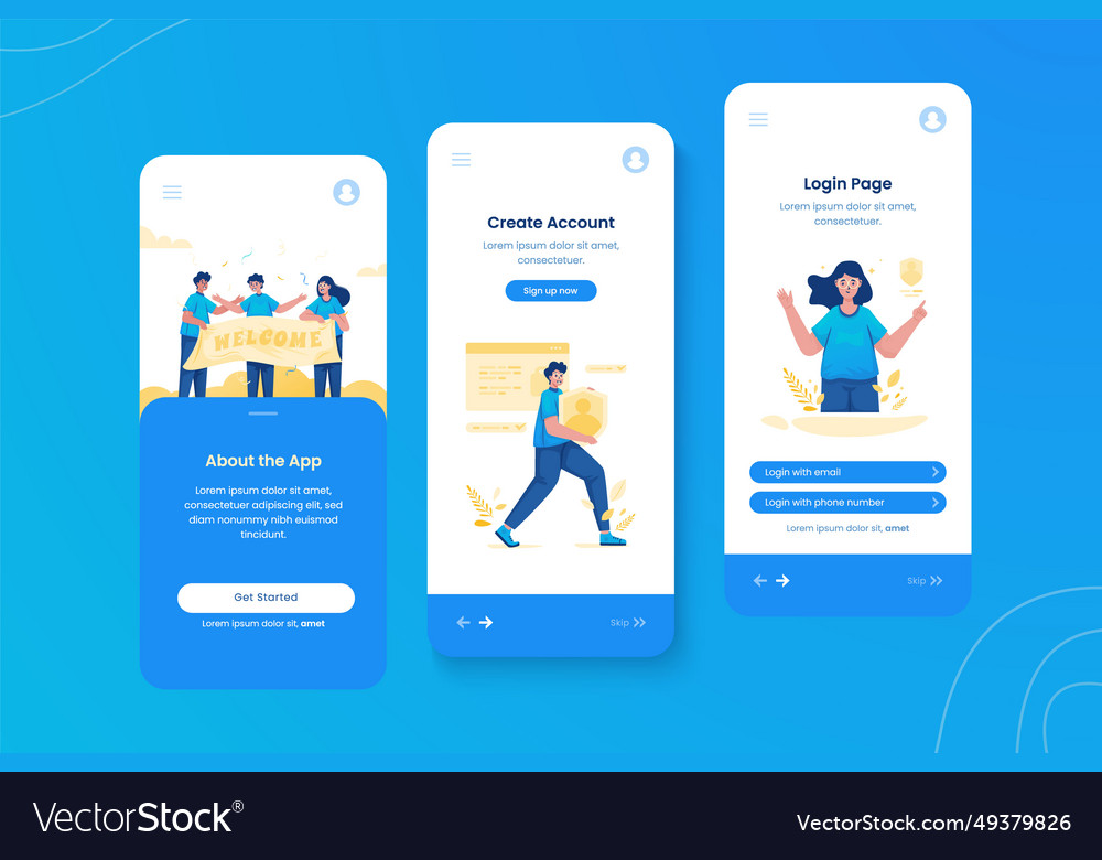 Welcome page onboard mobile app screen set