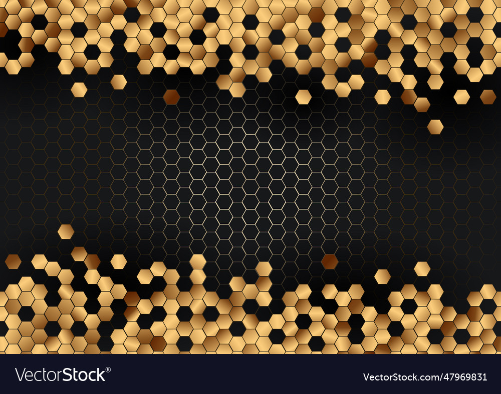 Abstract gold hexagons pattern on black hexagonal