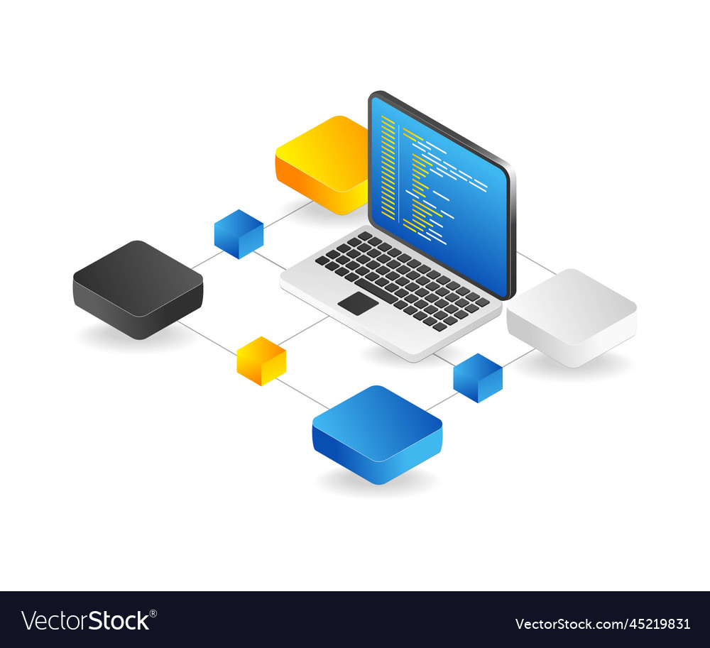 Flat isometric 3d blockchain computer network vector image Flat isometric 3d blockchain computer network