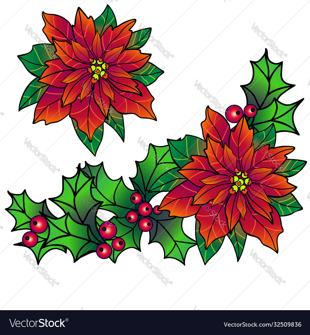 Christmas wreath holly and poinsettia Royalty Free Vector