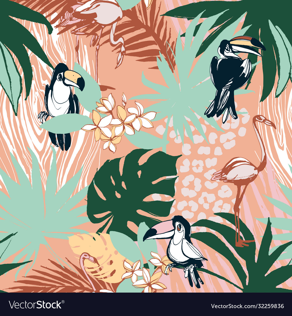 Tropical floral summer seamless color background vector image Tropical floral summer seamless color background