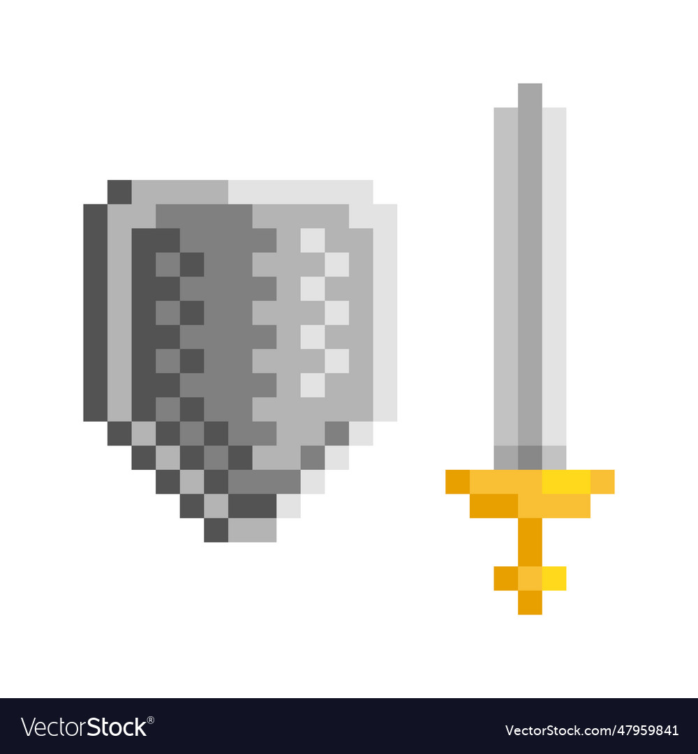 Medieval sword and shield pixel art Royalty Free Vector