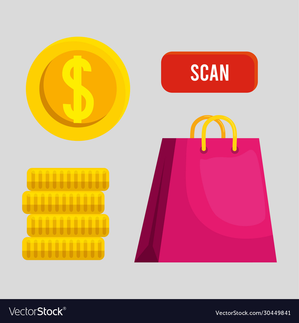 Shopping bag scan button and coins design