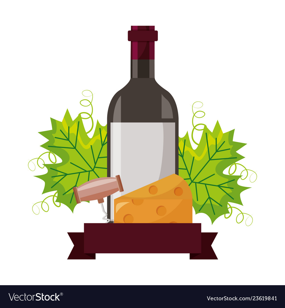 Wine bottle cheese corkscrew and leaves Royalty Free Vector