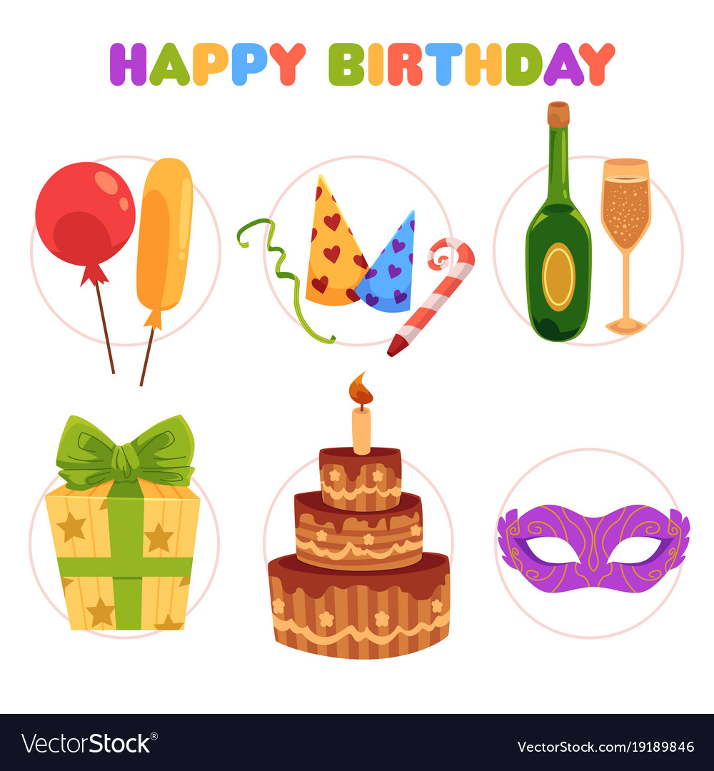  Cartoon  set of birthday  party  items decorations  Vector Image