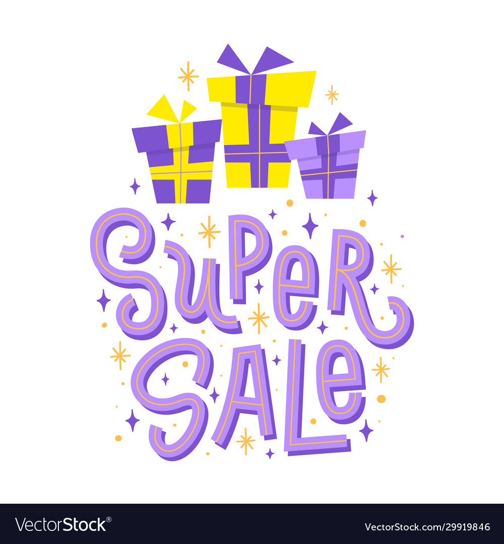 Super sale slogan with gifts snowflakes and stars