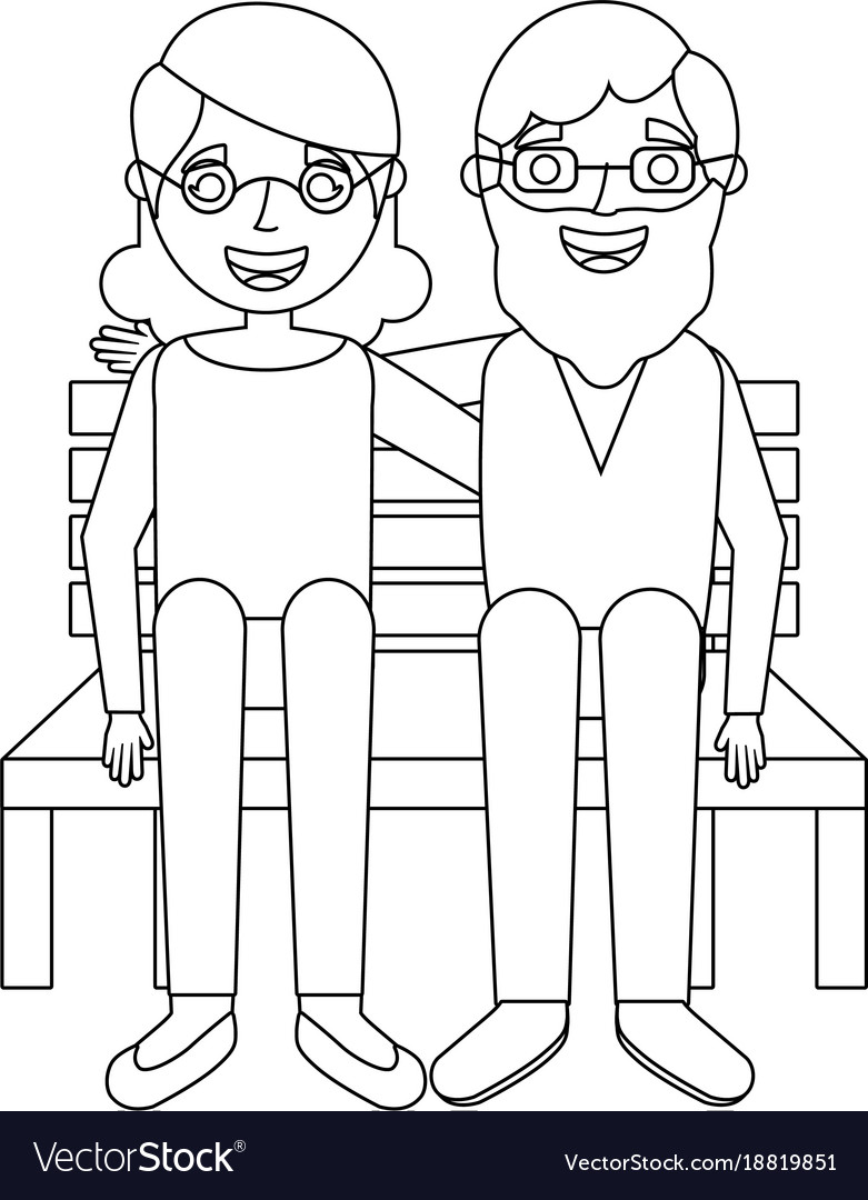 Cute grandma and grandpa sitting in bench happy