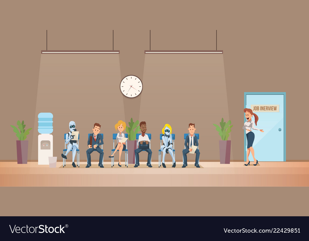 Job interview recruiting and robots vector image Job interview recruiting and robots