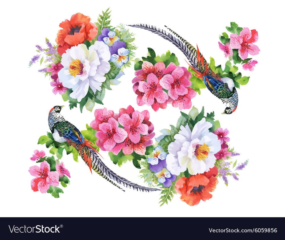 Garden flowers and pheasant birds watercolor