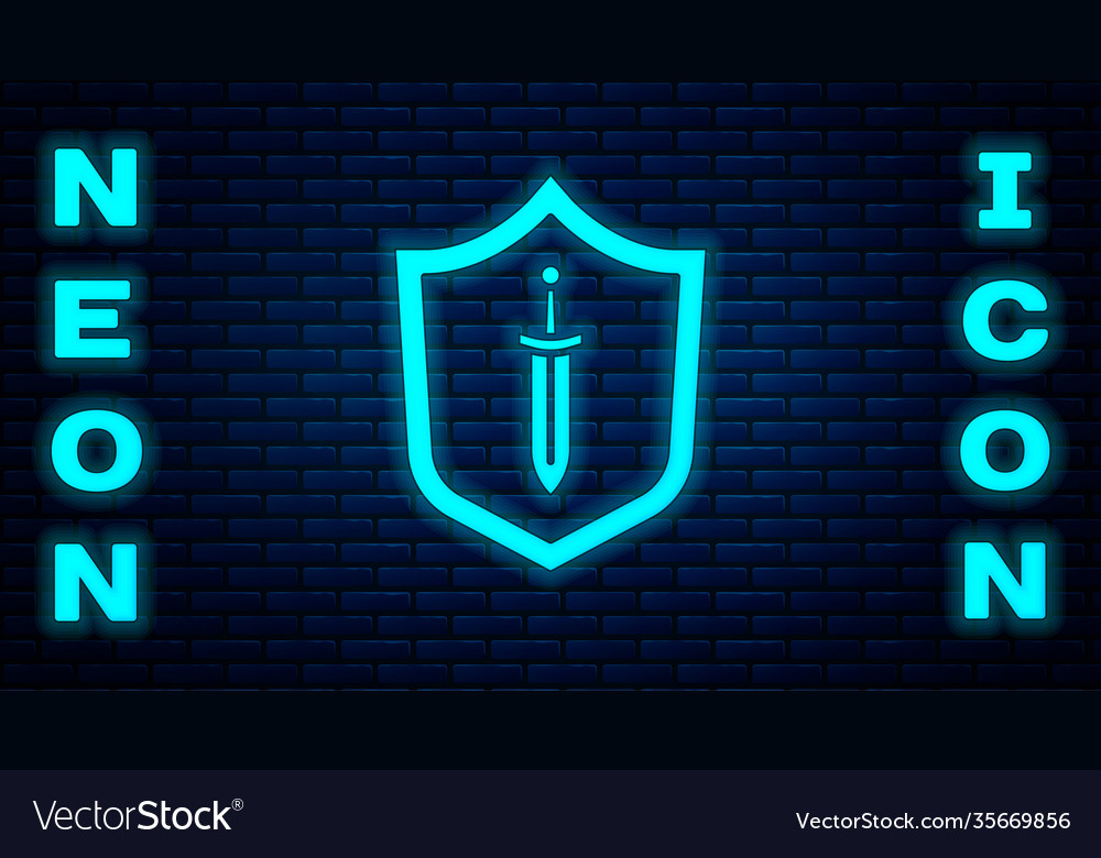 Glowing neon medieval shield with sword icon