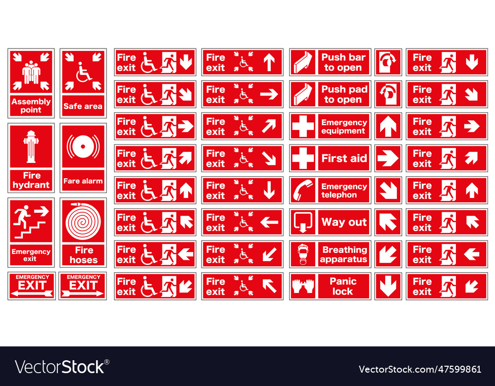 Frequently Used Fire Signs In Red Emergency Exit Vector Image