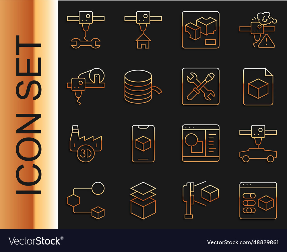 Set line 3d printer car isometric cube file vector image Set line 3d printer car isometric cube file
