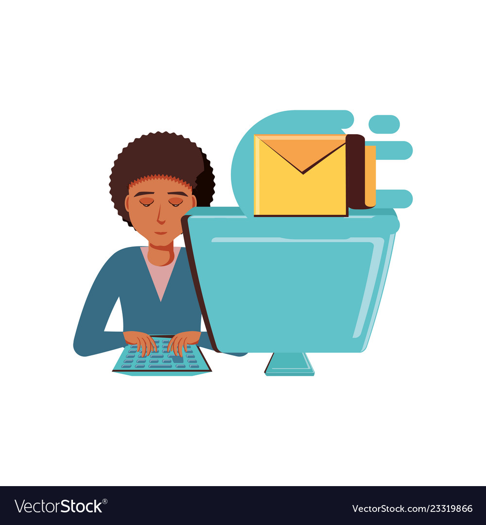 Man black with desktop computer and envelope mail
