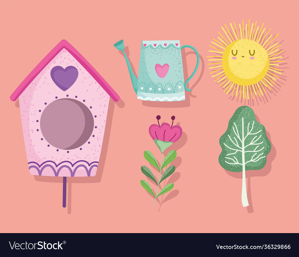 Spring bird house tree sun flower and watering can