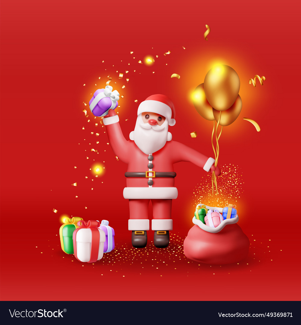 3d santa claus with gift bag and confetti