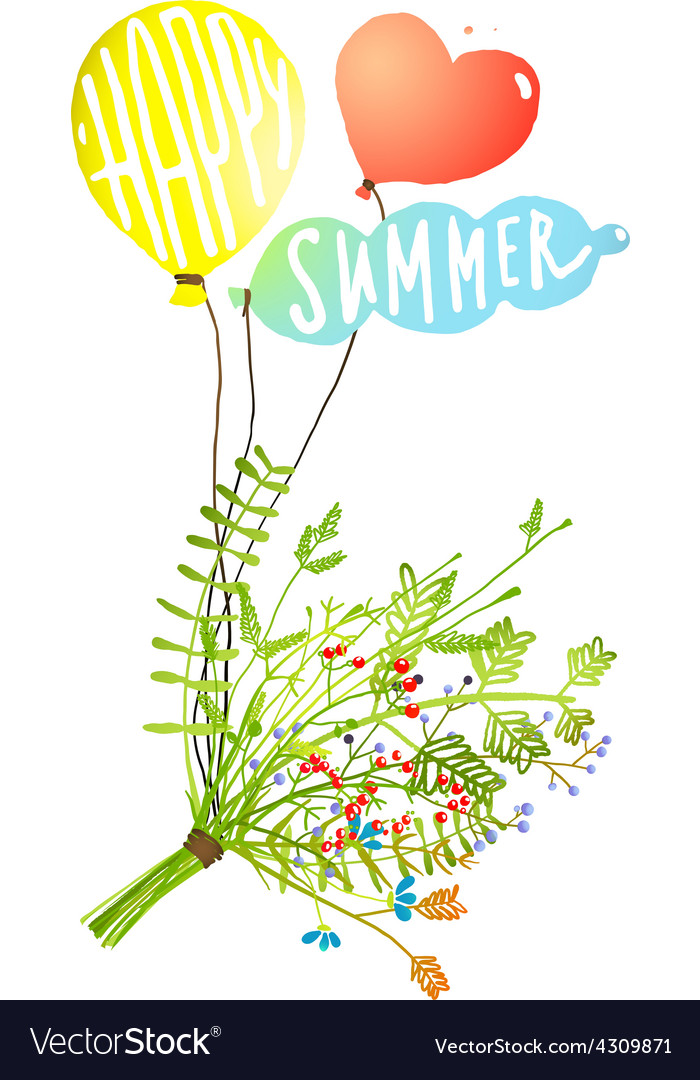 Colored Balloons and Bouquet Happy Summer Sign Vector Image