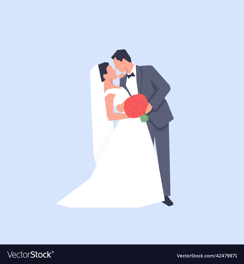 Wedding couple holding a bouquet of flowers Vector Image