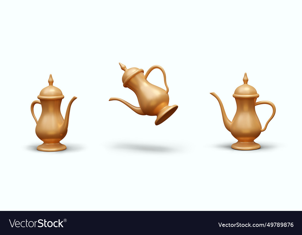 Realistic golden teapot in different positions Vector Image