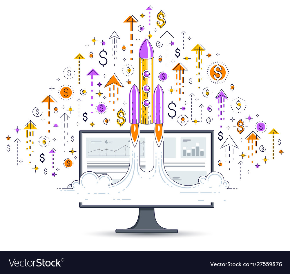 Startup rocket take off over computer monitor vector image Startup rocket take off over computer monitor