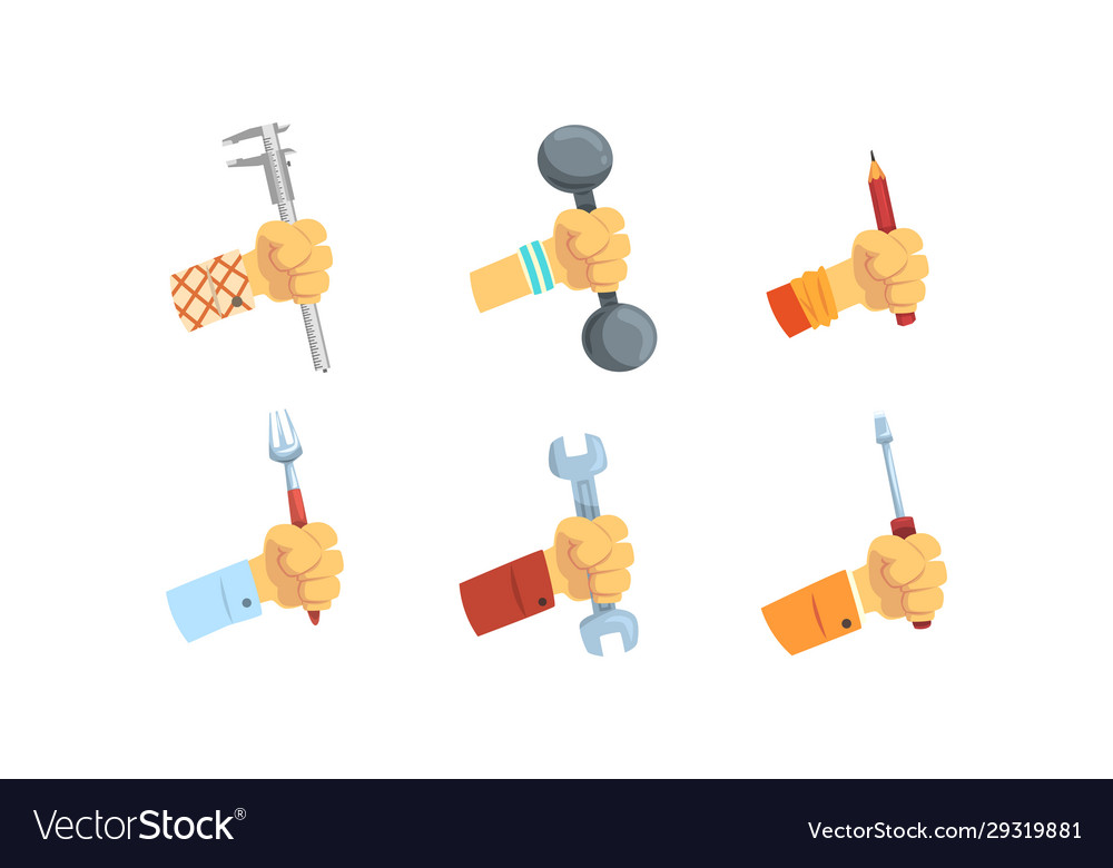 Hands holding tools set male hand with symbols vector image Hands holding tools set male hand with symbols