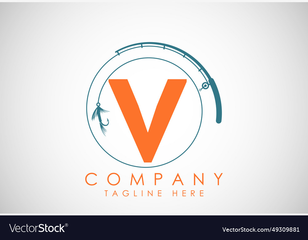 Initial alphabet v with fishing rod and hook