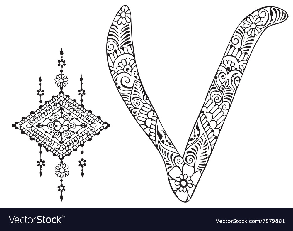 Letter V Decorated In The Style Of Mehndi Vector Image