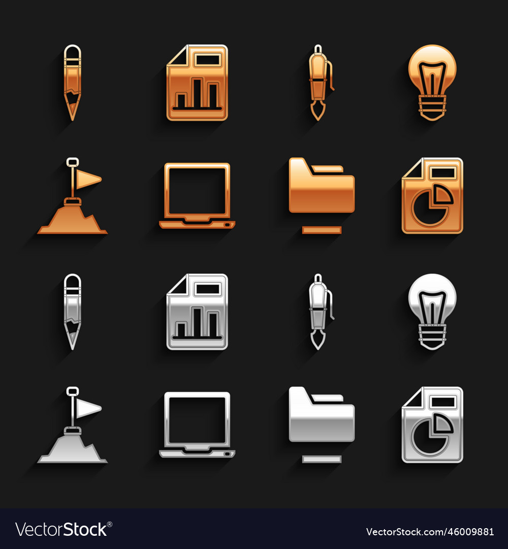 Set laptop light bulb document with graph chart