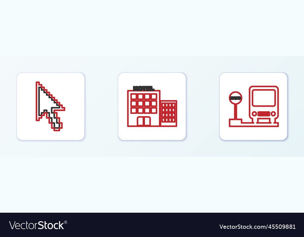 Set line bus stop pixel arrow cursor and hotel vector image Set line bus stop pixel arrow cursor and hotel