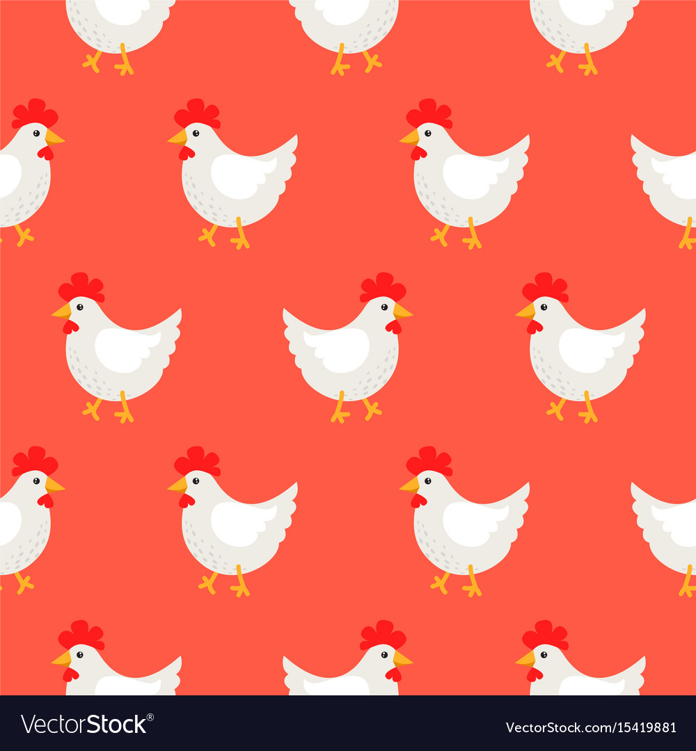 White rooster cute rural seamless pattern